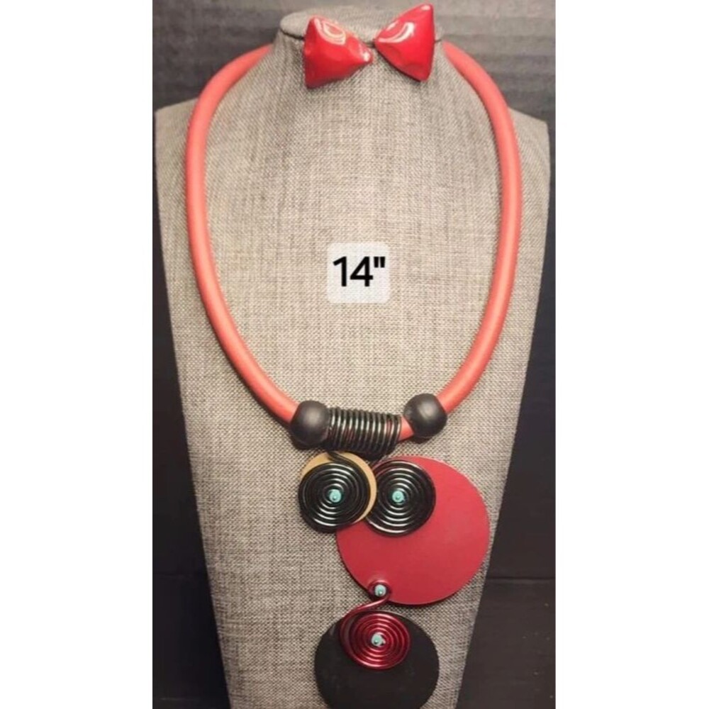 162. Bold Retro Modern Red Collar Necklace with Abstract Metal Accents